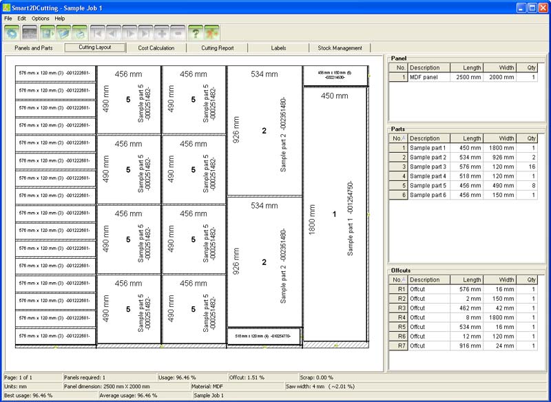 Smart2DCutting Cutting Software - Screenshots